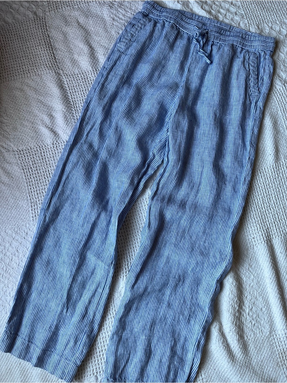 Talbots linen pants blue white striped 4 petite beach summer coastal flowy